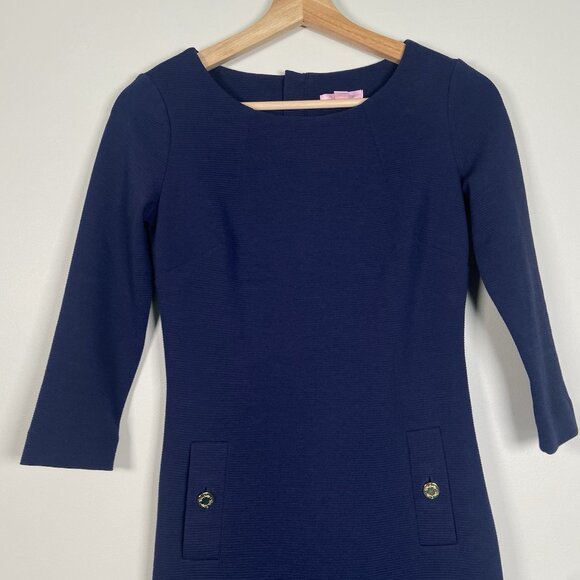 Lilly Pulitzer Charlena Navy Blue Shift Dress Size XXS Gold Button Ribbed Resort - Picture 4 of 9